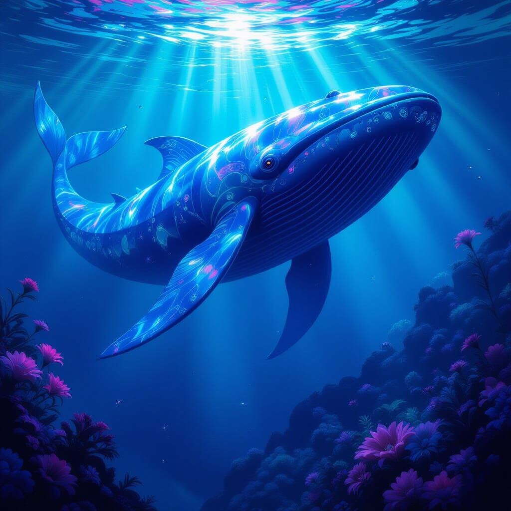 Bioluminescent Leviathan in Alien Ocean, Art Nouveau Style