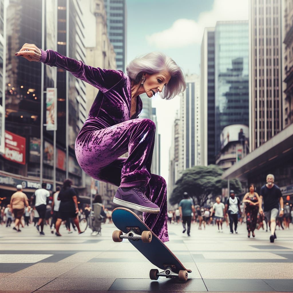Woman in Velvet Suit Does Kickflip