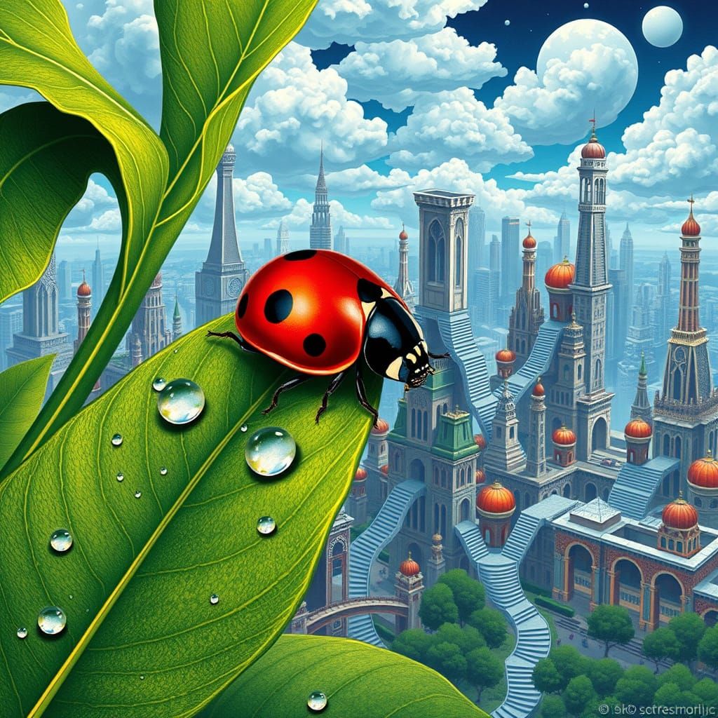 Ladybug in Op Art Cityscape with Impossible Geometry