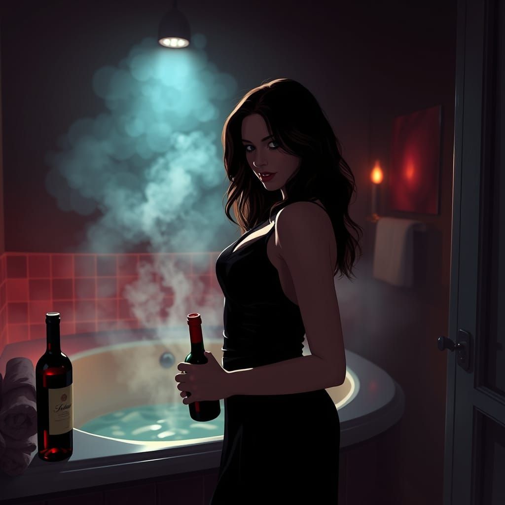 Mysterious Woman in Dimly Lit Room: Digital Art