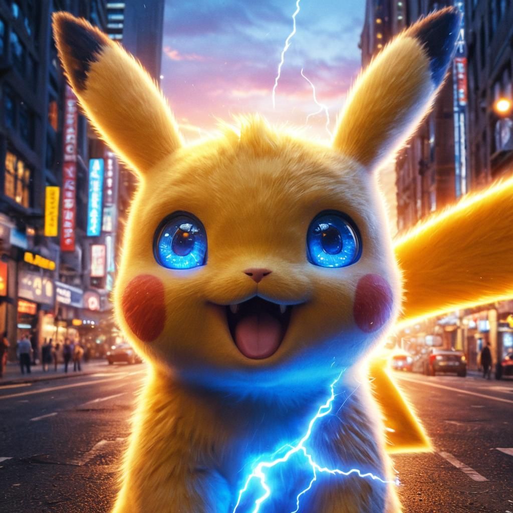 Excited Pikachu Portrait in City Street Sunset
