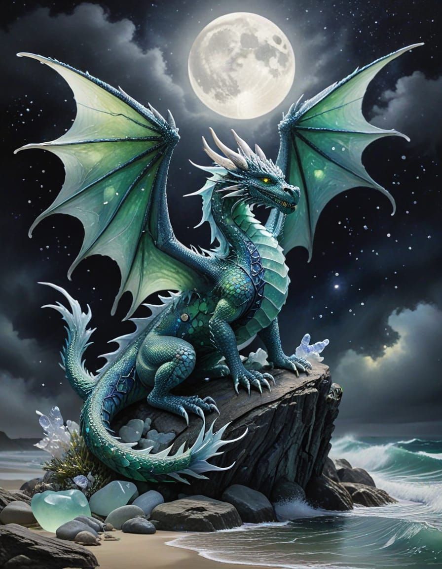 Sea Glass Dragon Under Ethereal Moonlight, Watercolor Style