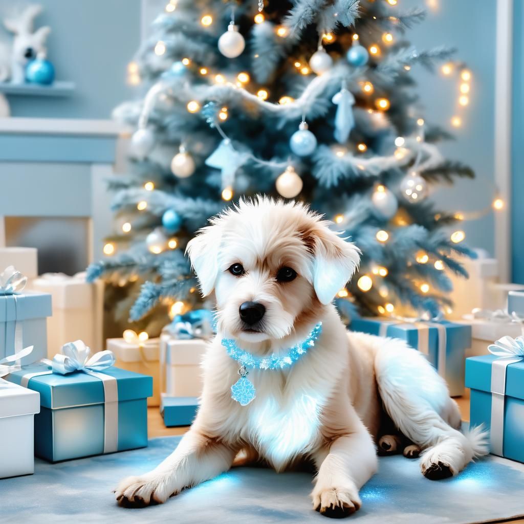 Pastel Winter Wonderland with Dog and Christmas Tree
