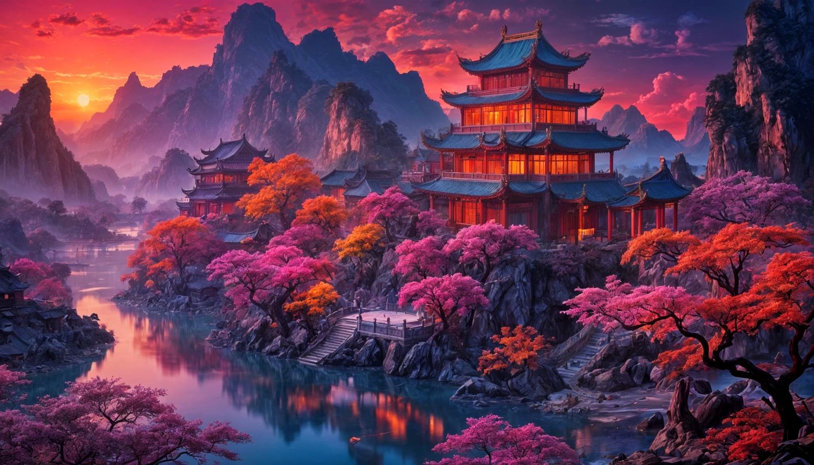 Fluorescent Chinese Landscape with Rainbow Sunset