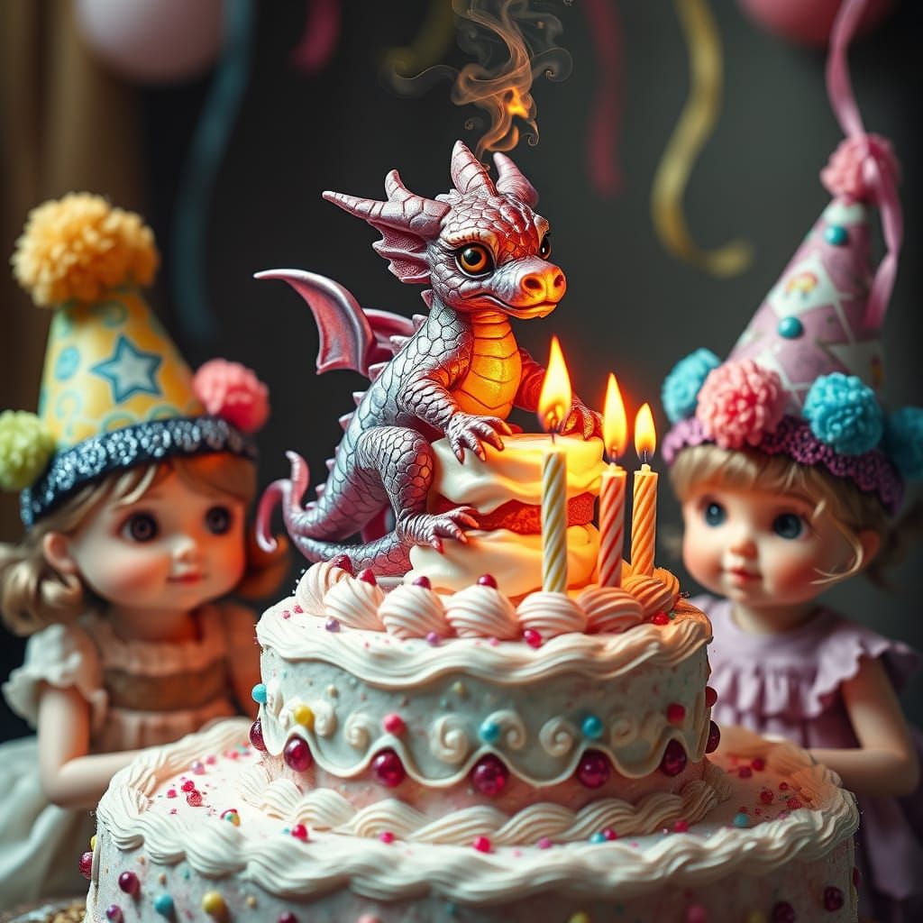 Whimsical Pocket Dragon Lights Birthday Cake in a Dreamlike ...
