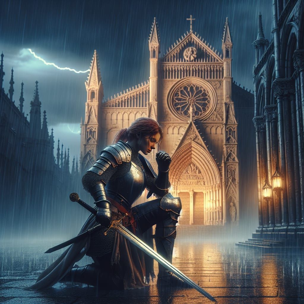 Kneeling Knight in Rainstorm with Gothic Cathedral