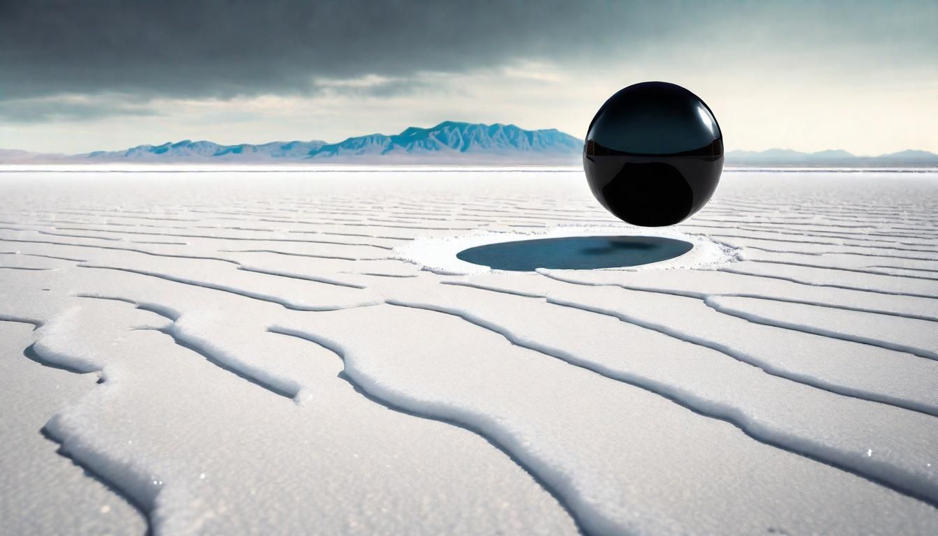 Mysterious Obsidian Orb Levitating Over Salt Flats