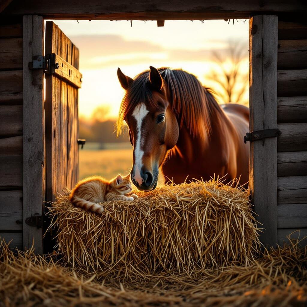 Roan Stallion Nuzzles Kitten by Golden Hay Bales