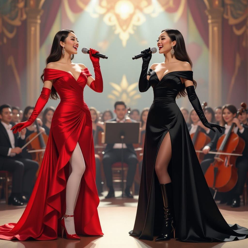 Ornate Women Sing on Stage in Art Nouveau Style