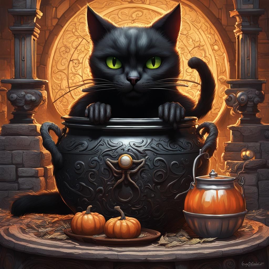 Sinister Black Cat and Cauldron in 3D CGI