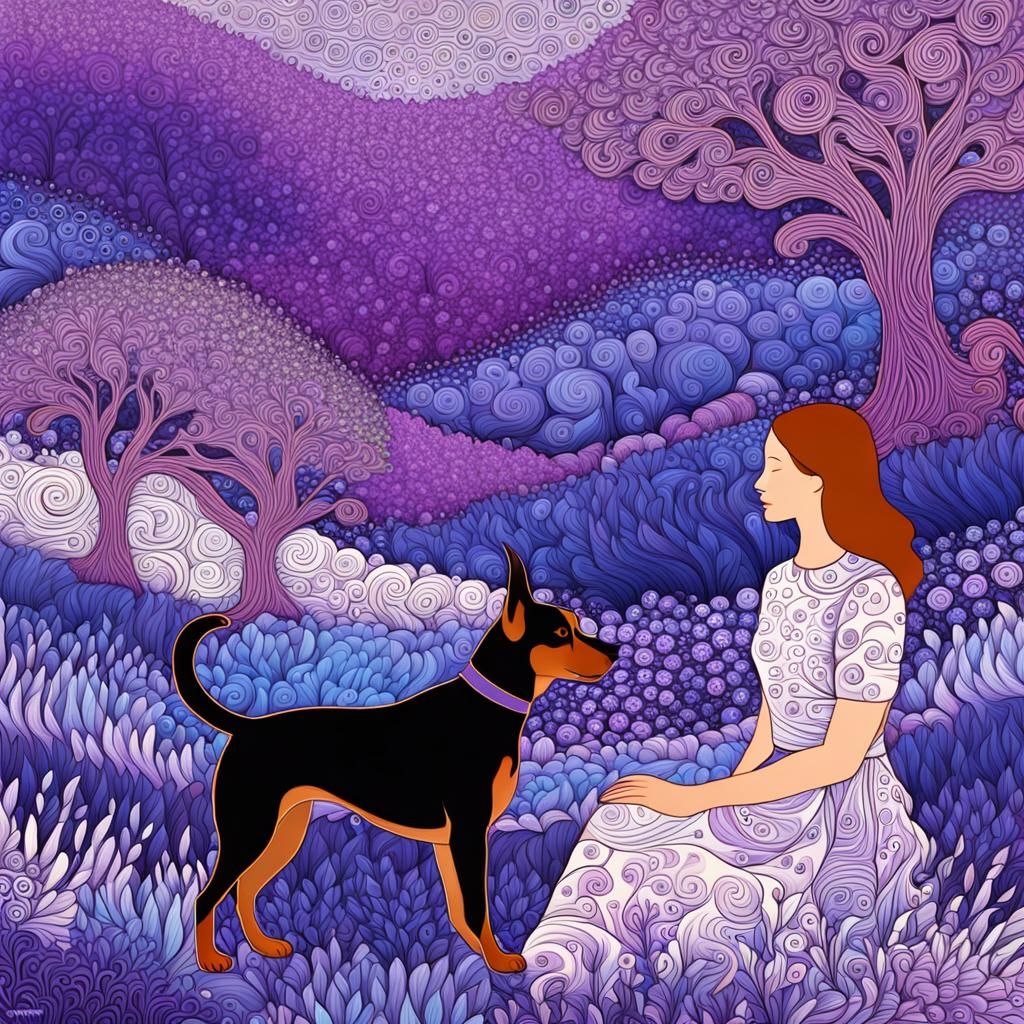 Woman and Dog in Lavender Garden with Zentangle Elements