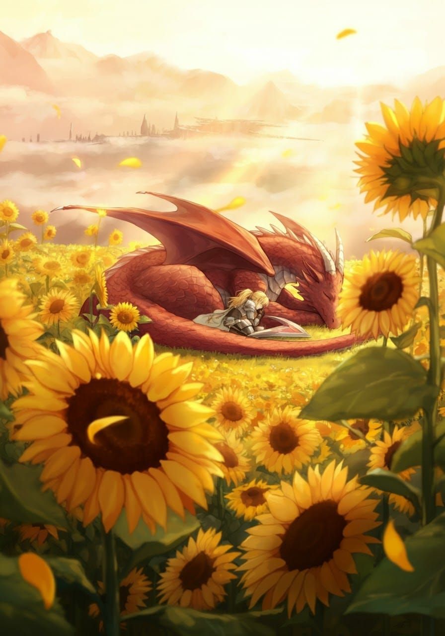 Fantasy Anime Dragon and Knight in Sunflower Field