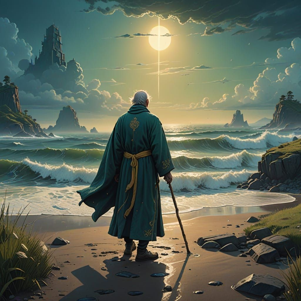 Mystical Sea Divided: Man with Glowing Staff