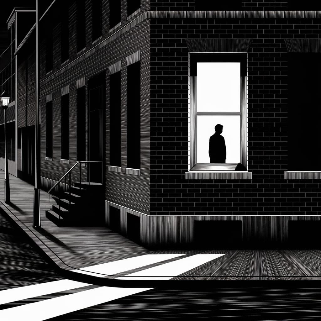 Night Shadows: Contemplative Figure in Etching Style