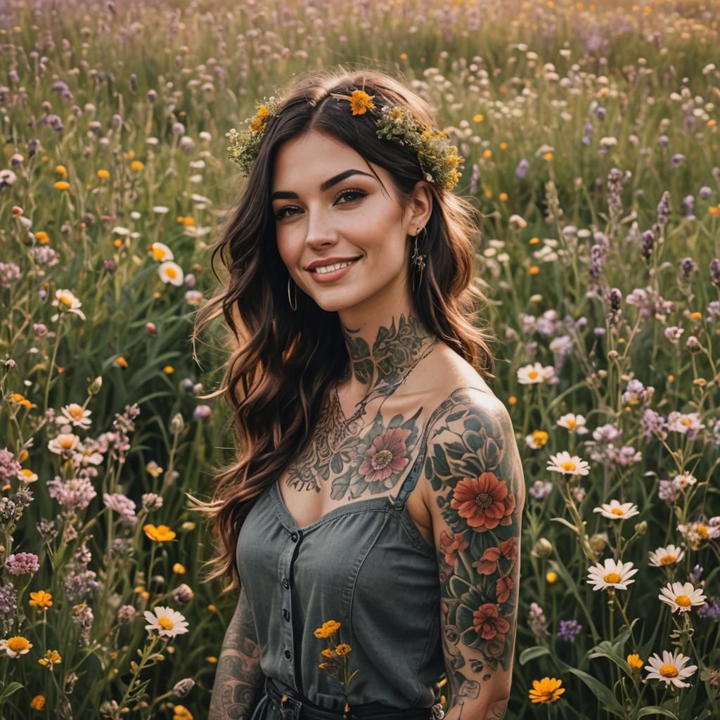 Tattooed Girl Walking in Flower Field