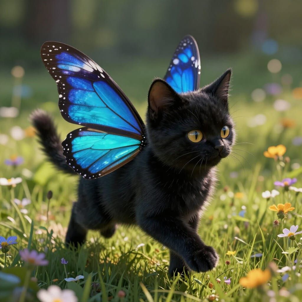 Black Kitten with Blue Butterfly Wings Flies Over Meadow