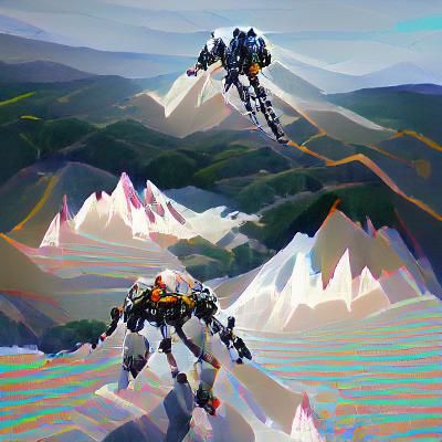 Colossal Mech Ascends Mountain Range in Digital Art