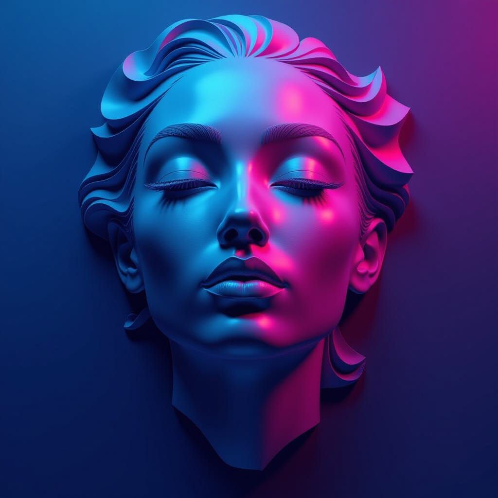 Abstract 3D Woman's Face Sculpture in Cyberpunk Style