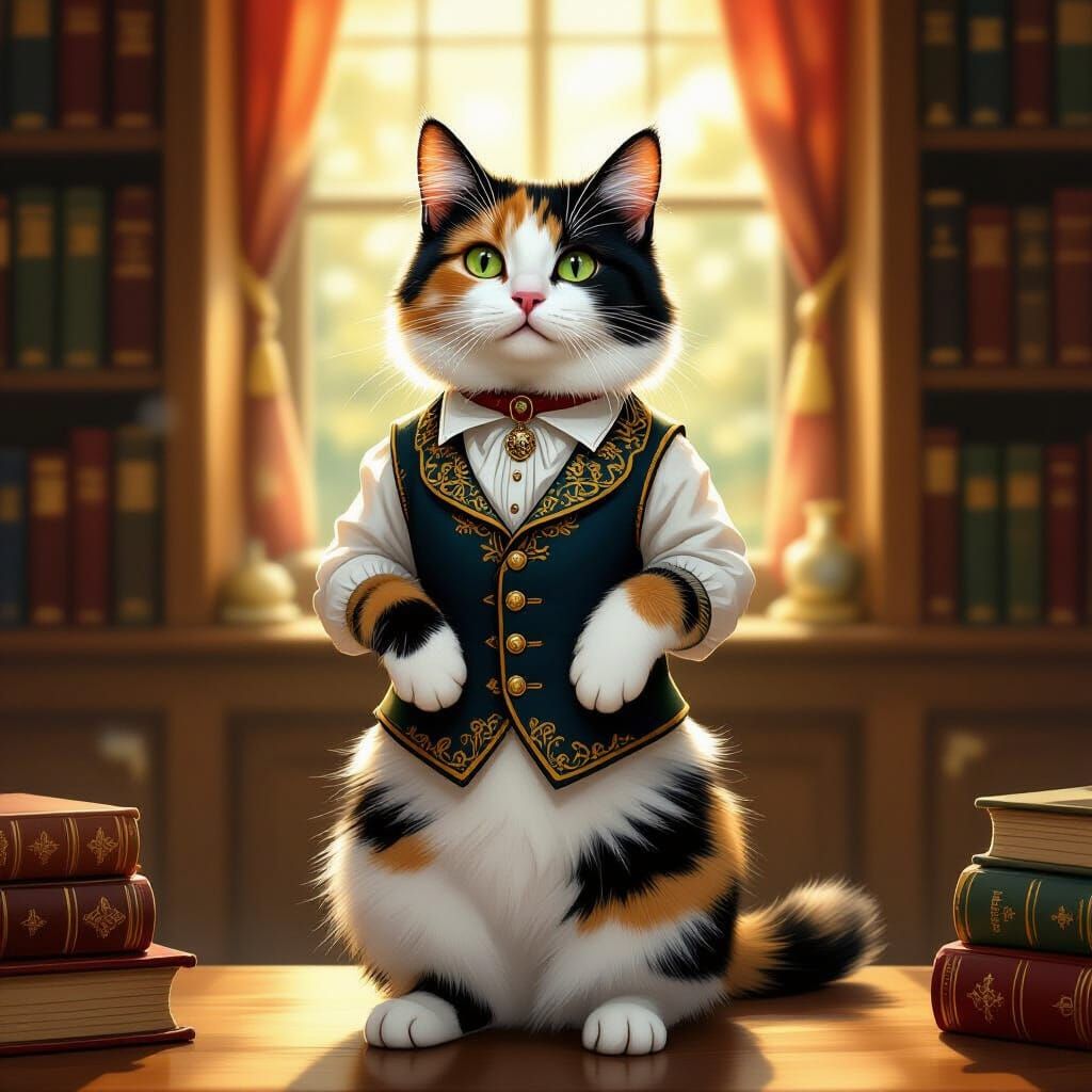 Regal Calico Cat in Waistcoat in Sunlit Library