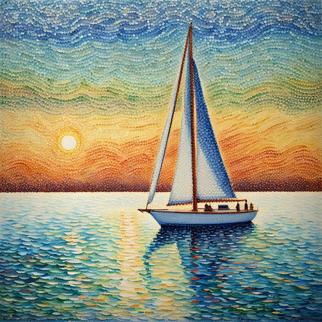 Seurat-Inspired Pointillist Sailboat in Gentle Breeze