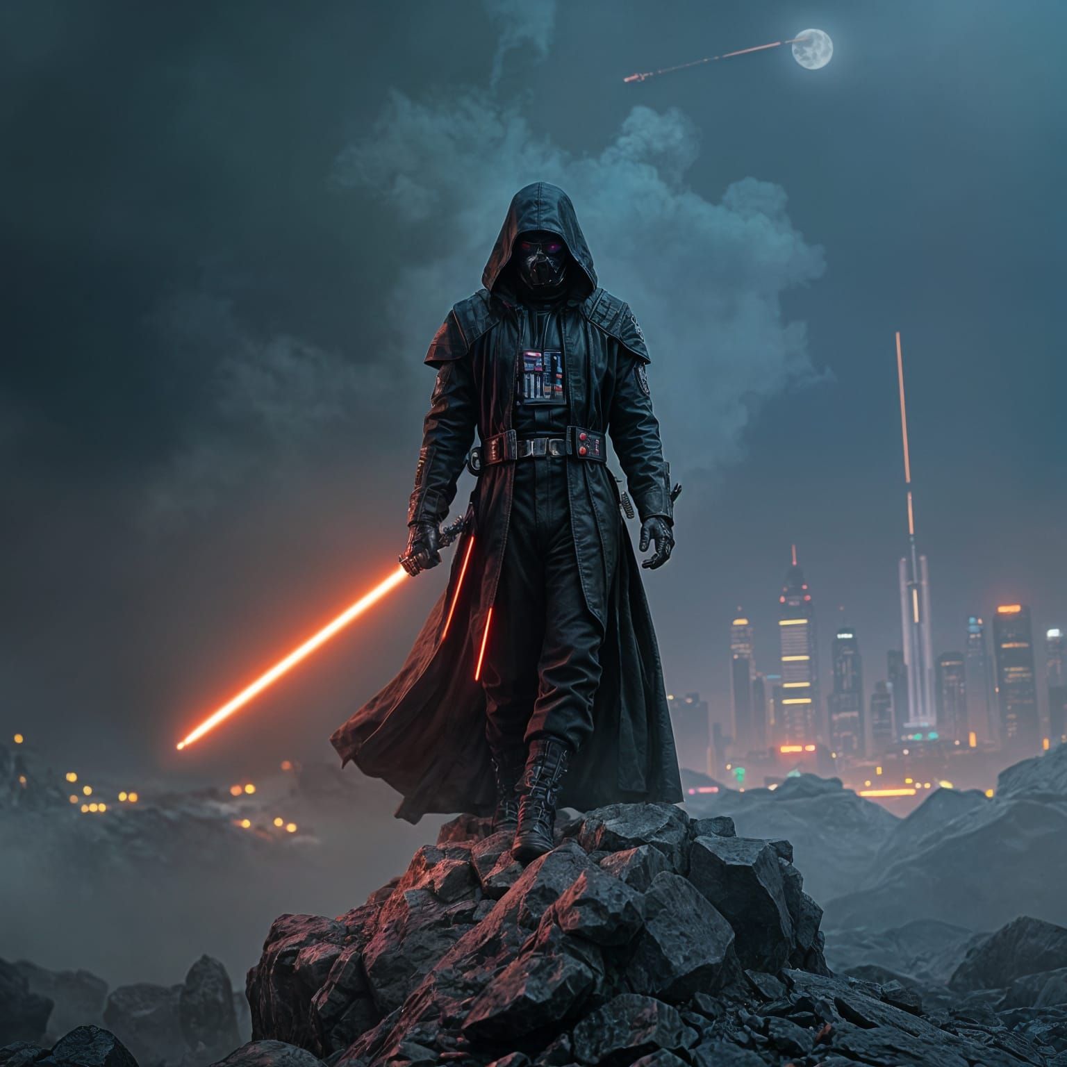 Sith Lord Wields Cyberpunk Blade in Neon-Lit Outer Space