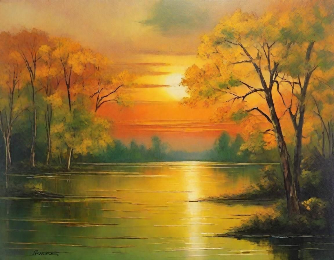Vintage Oil Print of Sunset Over Lake