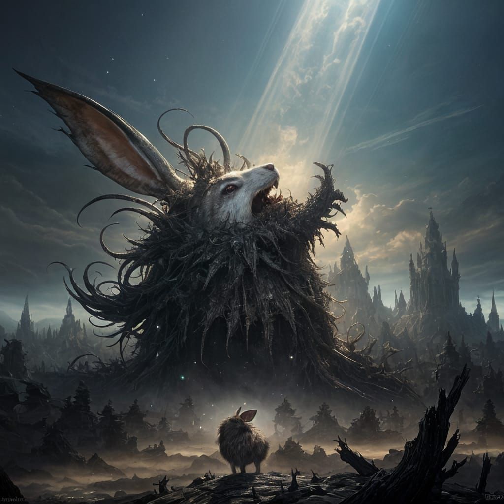 Horror Laughing Bunny in Detailed Landscape