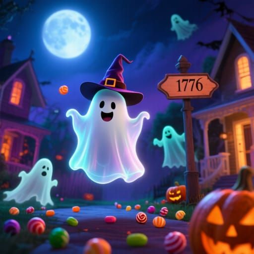 Cute Ghost Celebrates Halloween Night in Whimsical Style