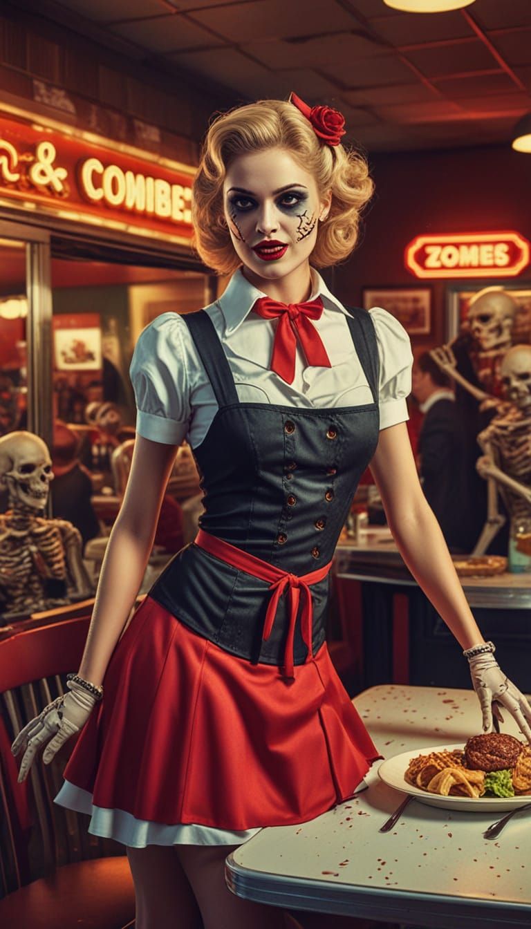 Skeleton Waitress in Retro Zombie Diner Art