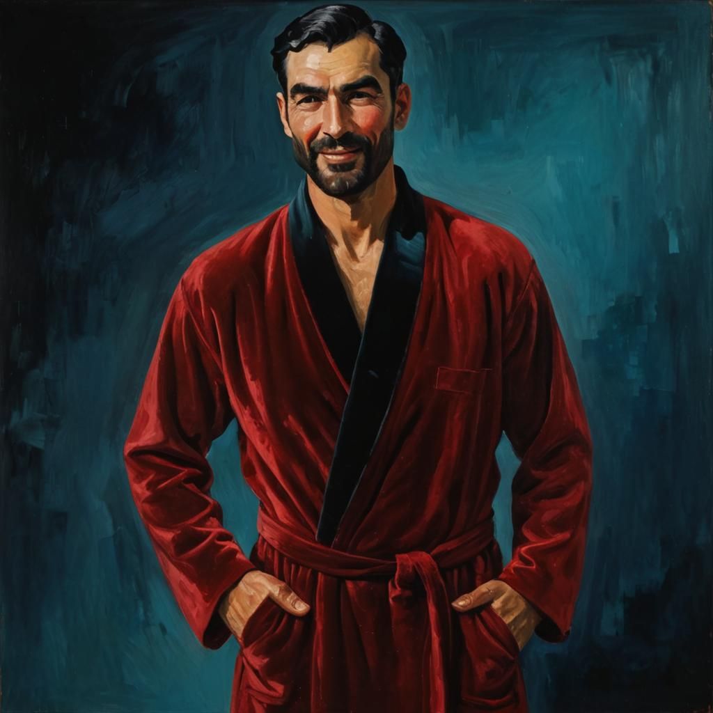 Iranian Man in Red Bathrobe: Expressionist Oil Painting