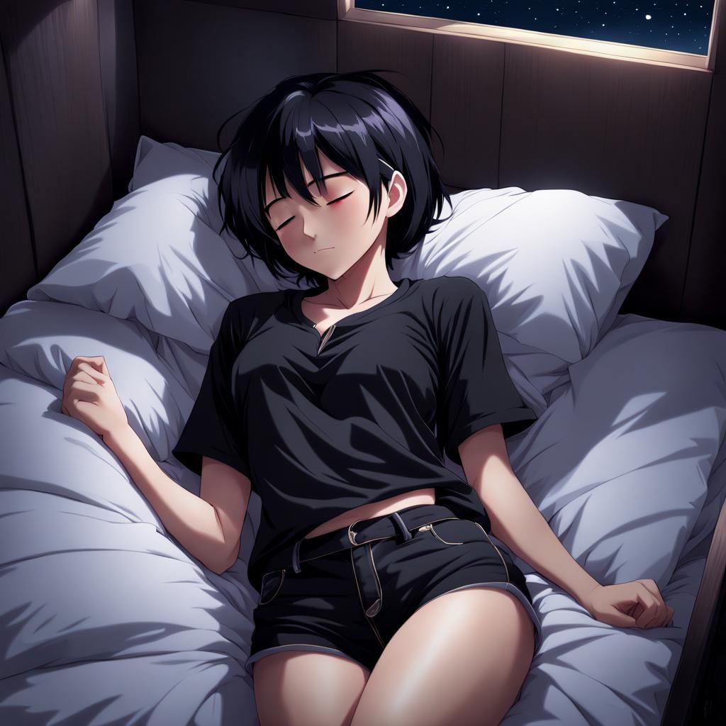 Anime Woman Sleeping at Night in Manga Style