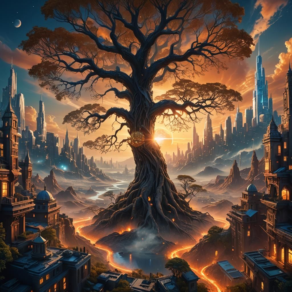 Glowing Tree Amidst Cityscape, Matte Painting