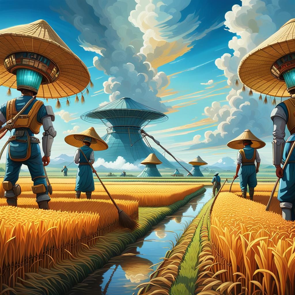 Alien Rice Farmers in Sci-Fi Landscape Painting