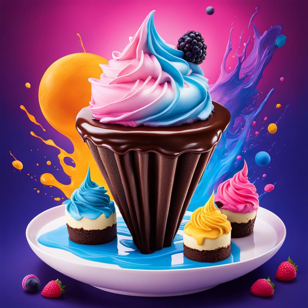 Vibrant Dessert Wonderland with Cake River, Digital Painting