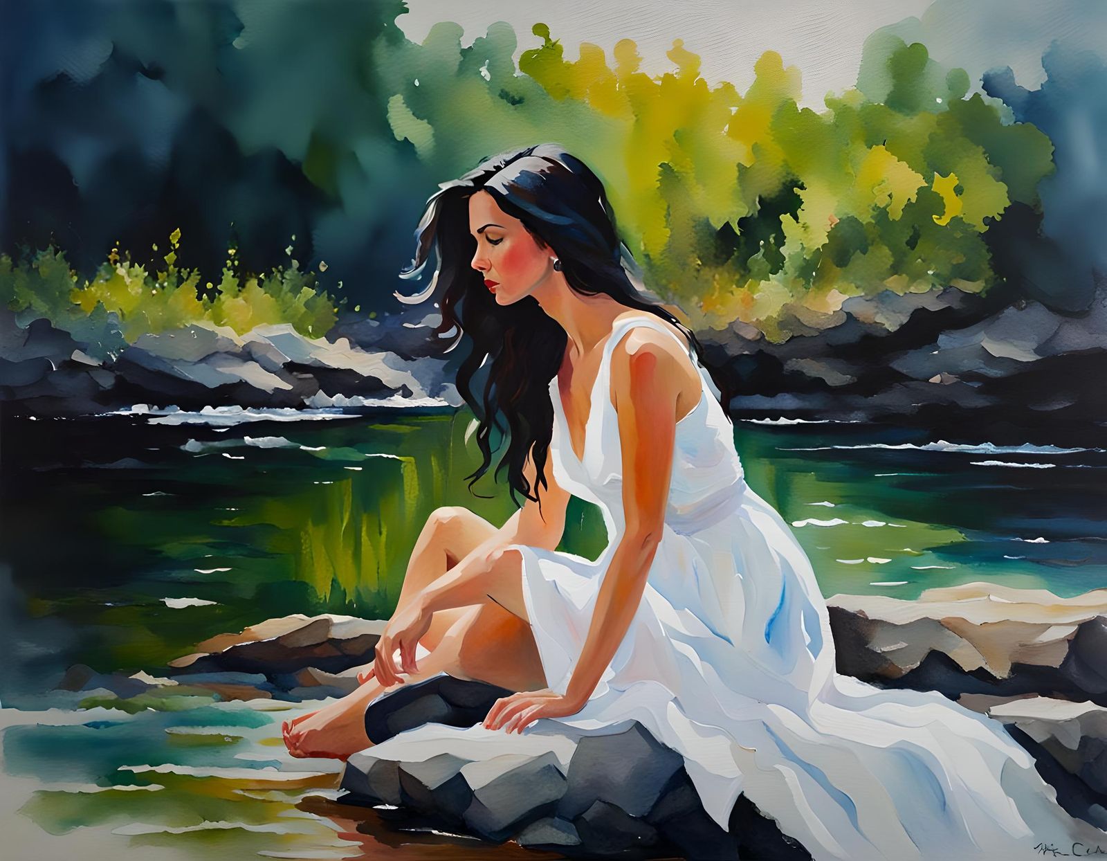 Woman in Thought: Watercolor and Impasto Oils