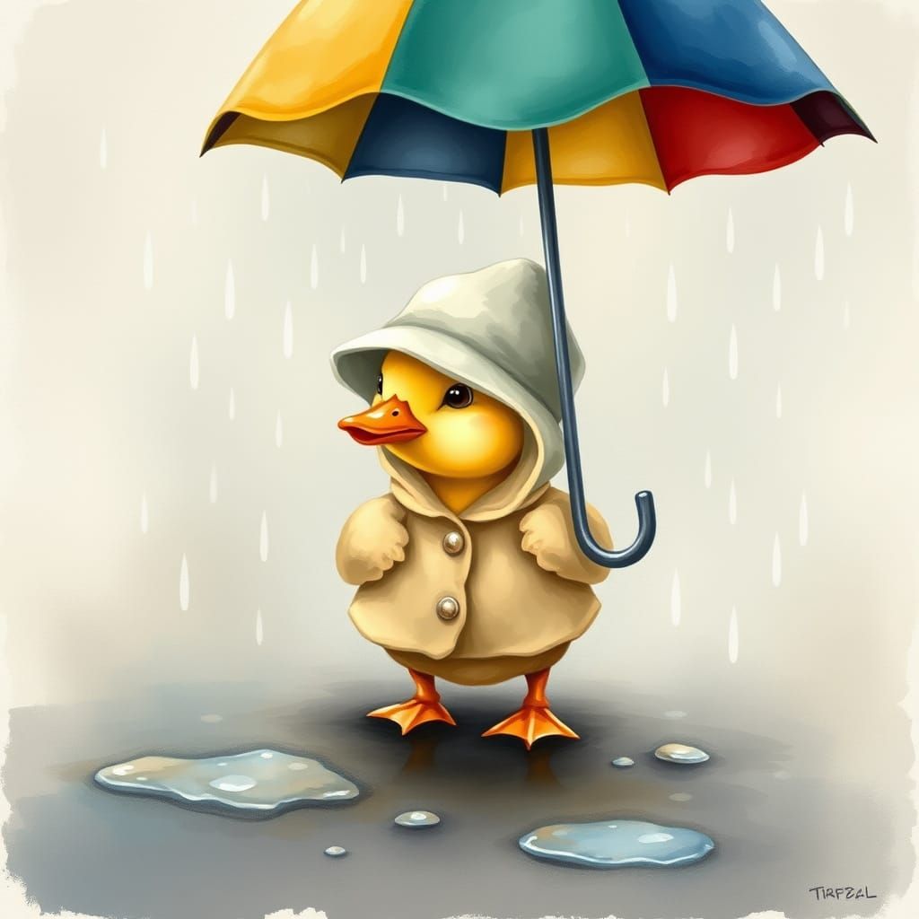Whimsical Duckling in Rainy Day Wonderland