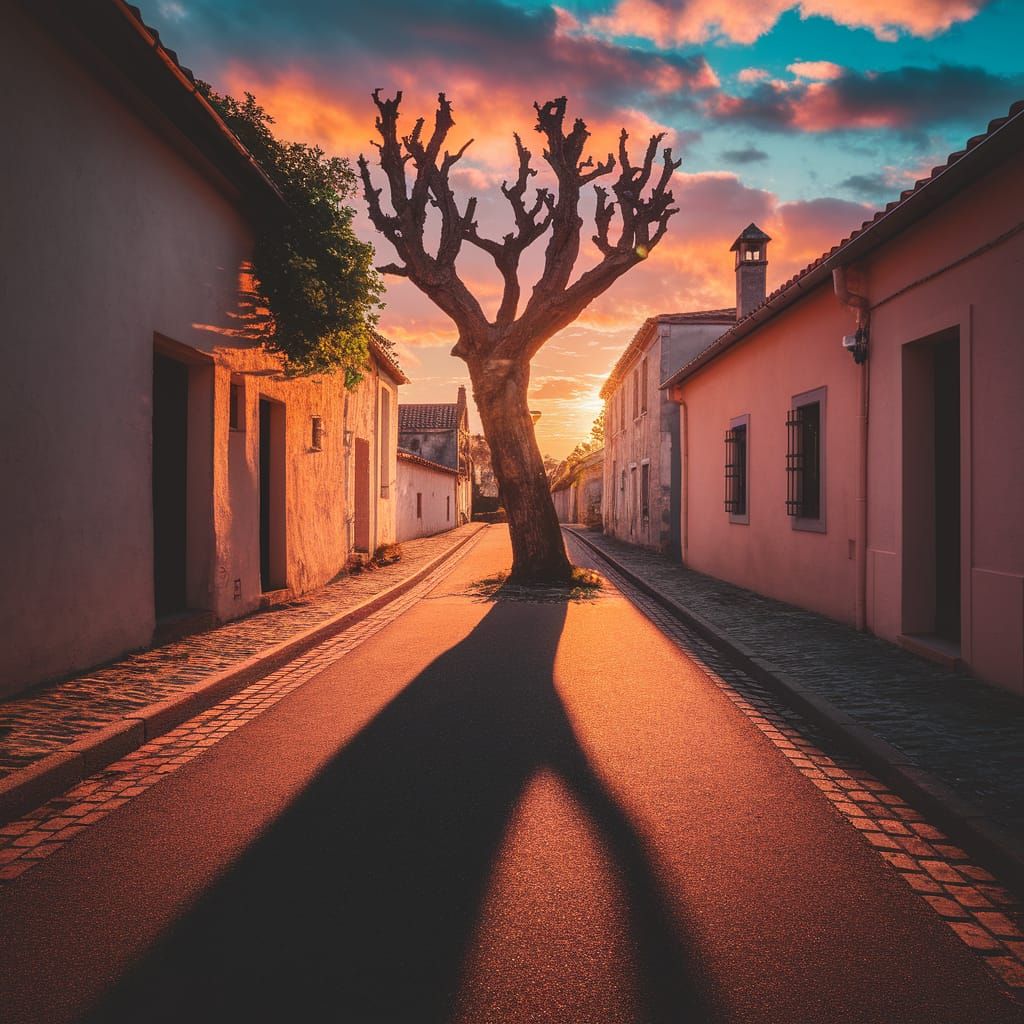 Sunlit Cobblestone Street with Elongated Tree Shadow