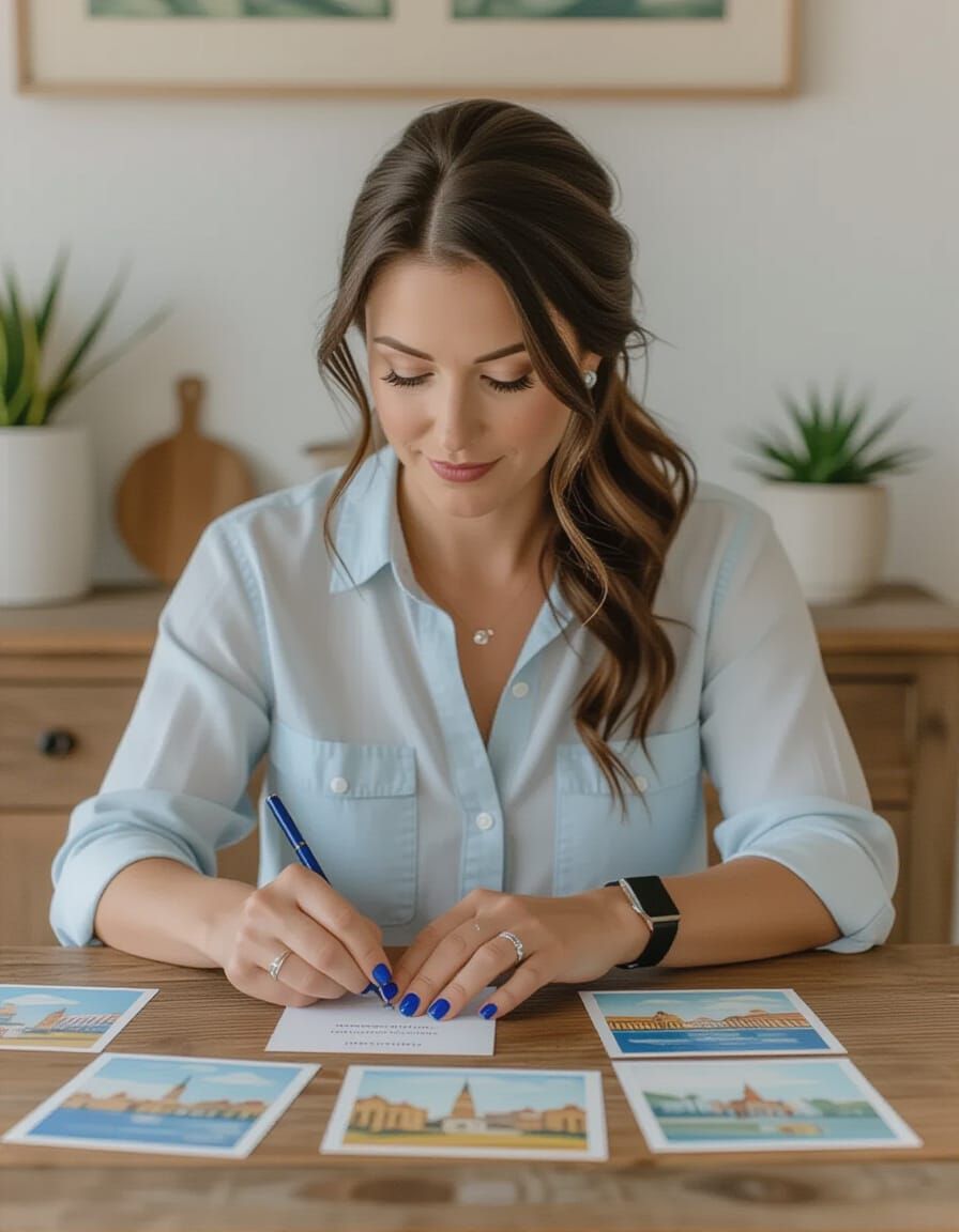 Woman Organizes Postcards in Sunlit Room