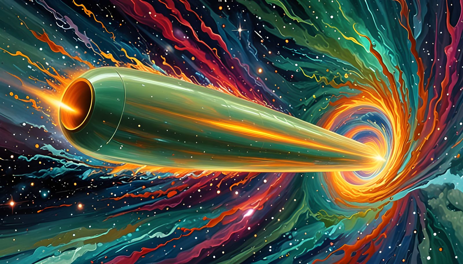 Vibrant, Iridescent Spacecraft Blazing Through Cosmic Vortex