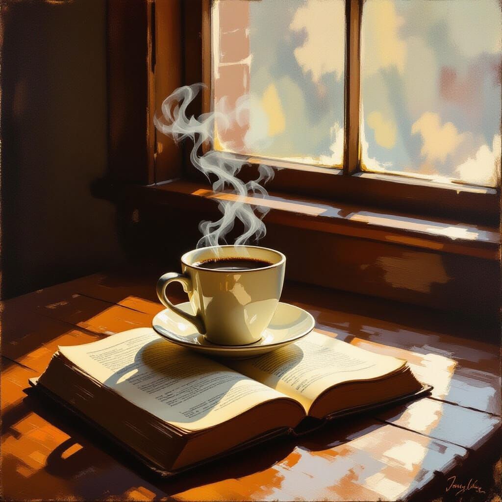 Steaming Coffee and Open Book on Table, Oil Painting Style