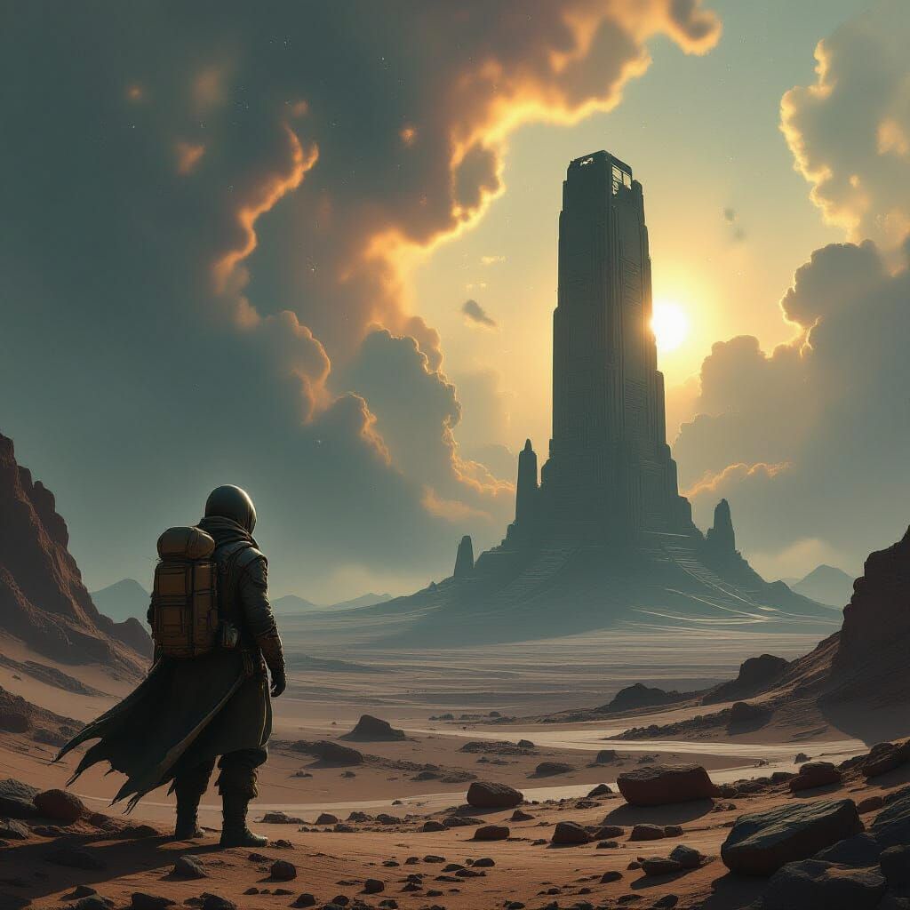 Explorer Gazes at Alien Observatory Under Nebula Sky