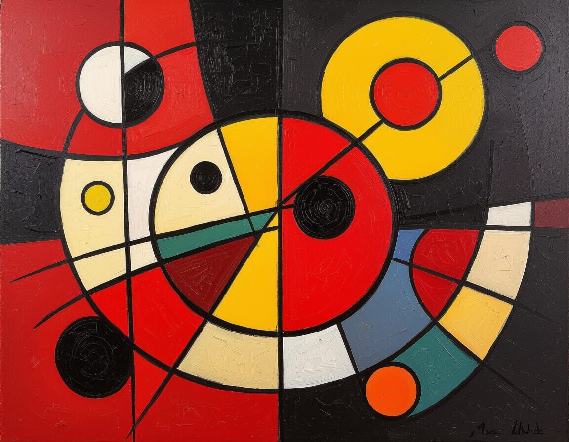 Kandinsky-Style Abstract Oil Painting with Red, Black, and Y...