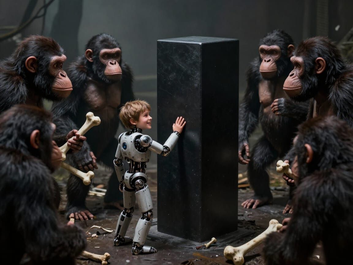 Cyborg Boy and Apes Encounter Mysterious Monolith