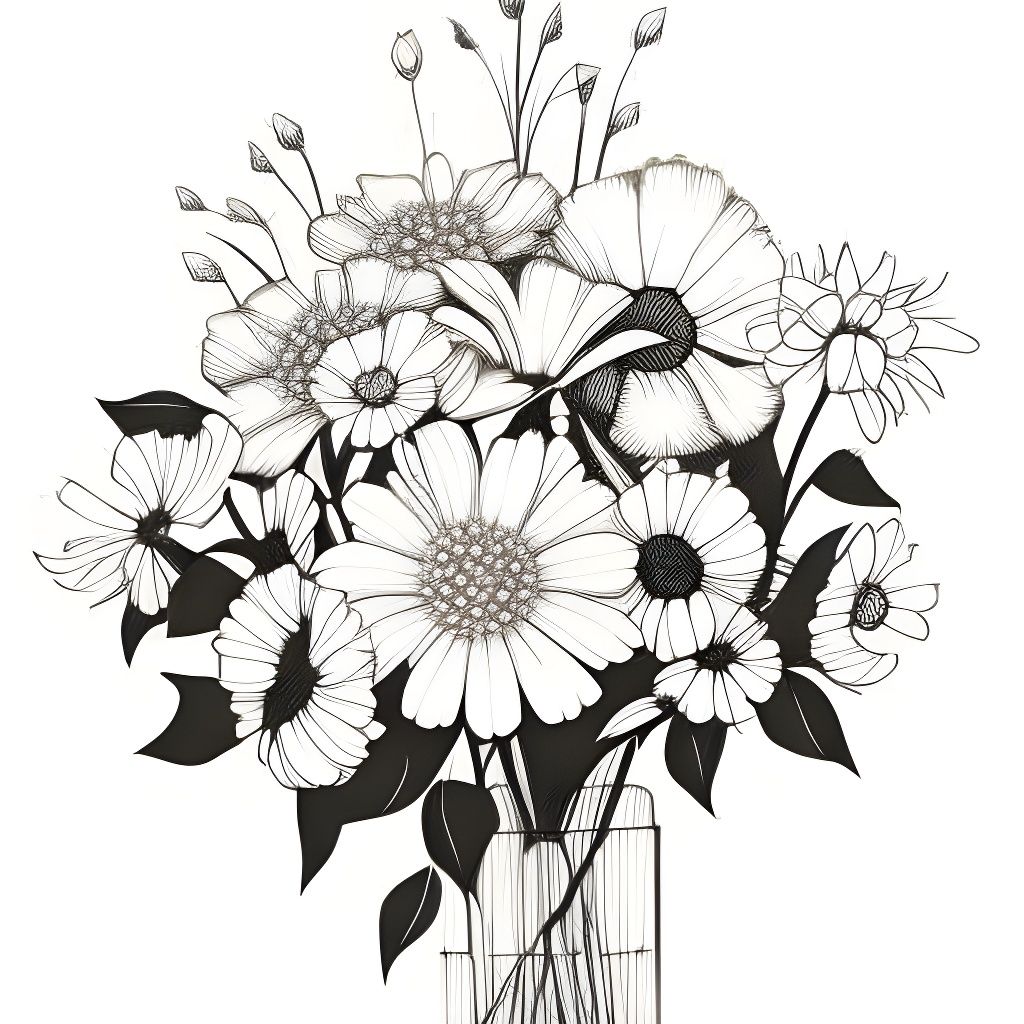 Detailed Black and White Flower Bouquet Illustration