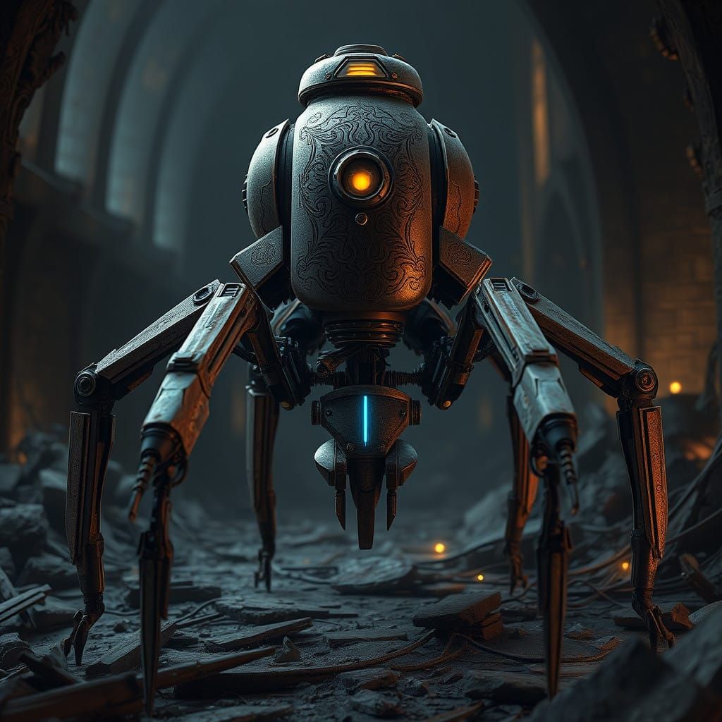 Mysterious, Spider-Like Droid in Ancient Ruins
