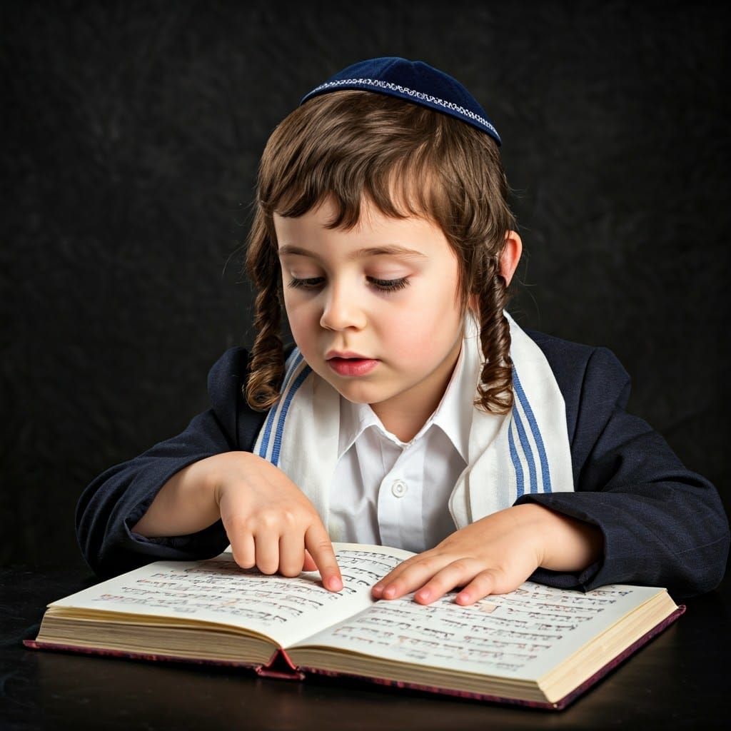 Chassidic Boy Points to Hebrew Letters: Portrait Photography