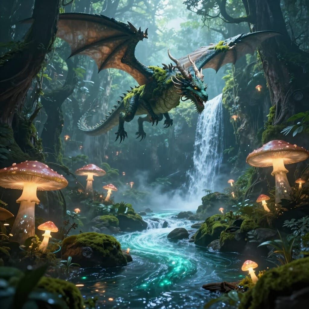 Ancient Dragon Soars Over Luminous Mushroom Valley