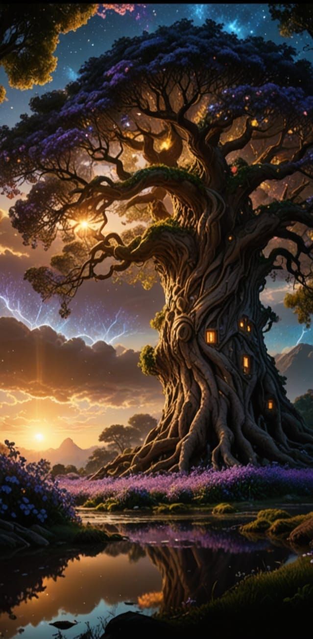 Colossal World Tree Glowing with Golden Light and Galaxies