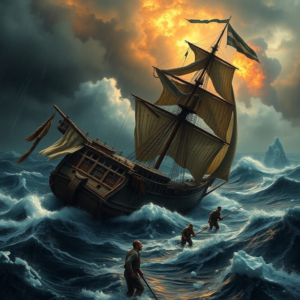 Sailing ship on the windy sea White Caps torn sails listing ...