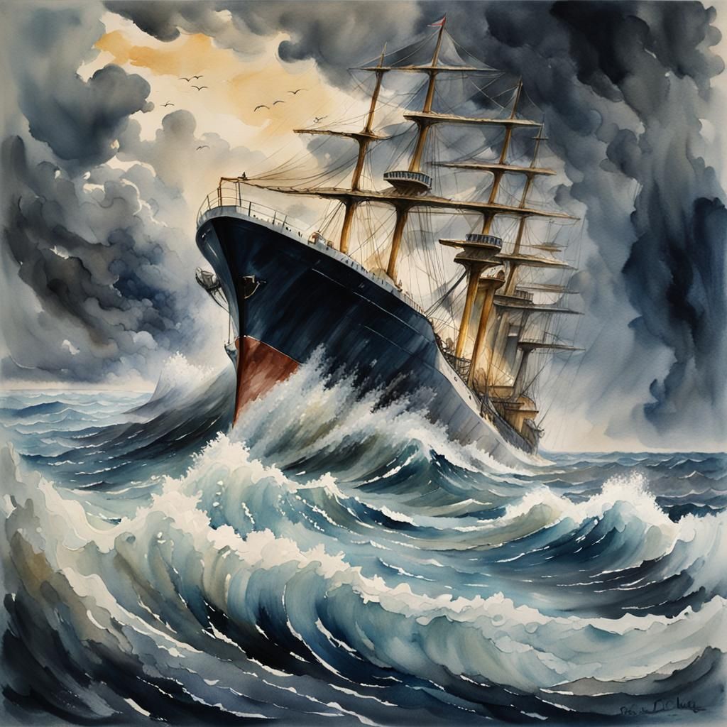 Ship in Turbulent Watercolor Storm